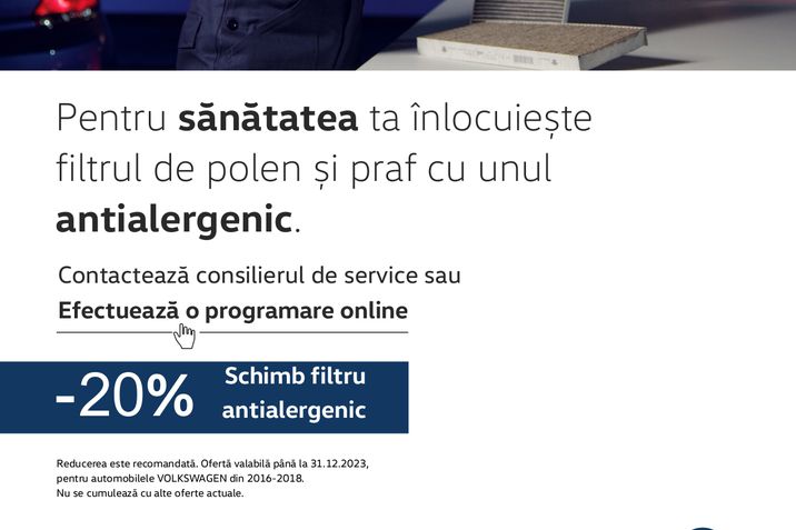 Pentru sănătatea ta și a celor din jurul tău înlocuiește filtrul de polen cu filtrul antialergenic. La Merlin Auto beneficiezi de o reducere de 20% dacă vechimea mașinii este mai mare de 4 ani.