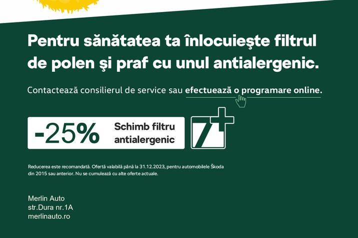 Pentru sănătatea ta și a celor din jurul tău înlocuiește filtrul de polen cu filtrul antialergenic. La Merlin Auto beneficiezi de o reducere de 25% dacă vechimea mașinii este mai mare de 7 ani.