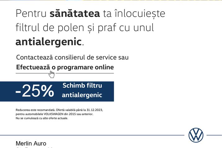 Pentru sănătatea ta și a celor din jurul tău înlocuiește filtrul de polen cu filtrul antialergenic. La Merlin Auto beneficiezi de o reducere de 25% dacă vechimea mașinii este mai mare de 7 ani.